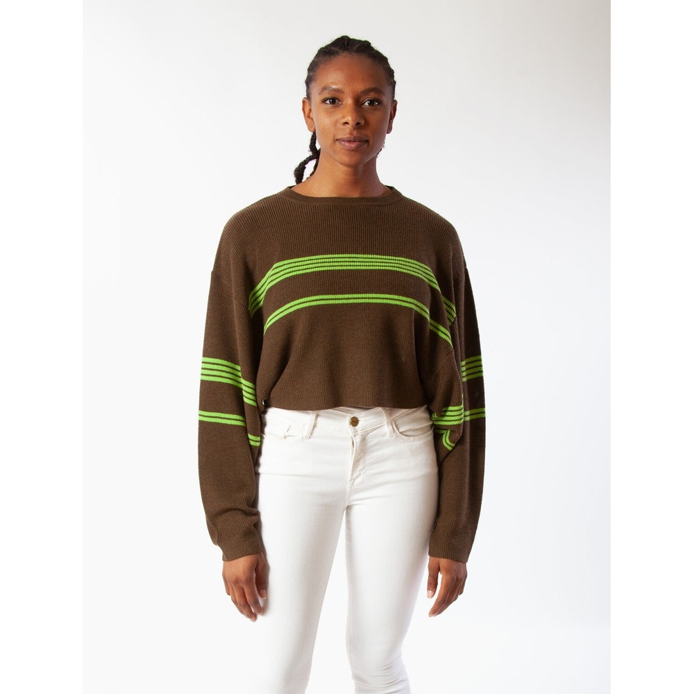 Kerisma Jona Sweater Olive With Lime Green Stripes Crop Mercerized Wool Nylon OS